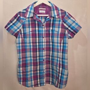 Columbia Purple Plaid Omni Shade Sun Protection Short Sleeve Button Up Shirt
